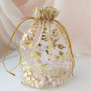 Подарочная упаковка из органзы, розовая с золотом, 18*12,5 см.